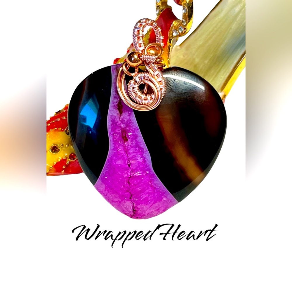 Pink geode agate heart wire wrapped artisan pendant